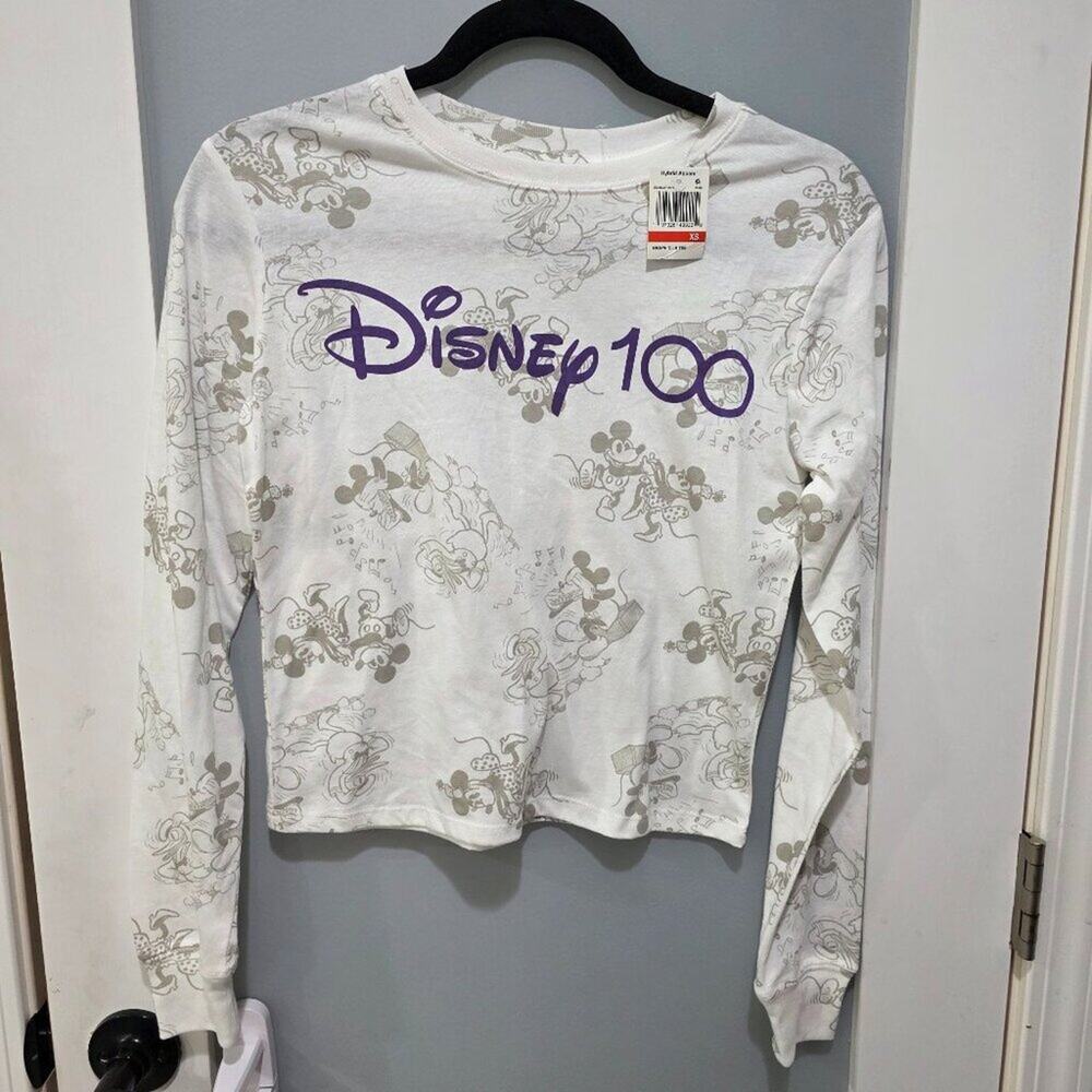 Disney NWT 100th Anniversary Cropped Long Sleeve Tee XS Juniors Mickey Mouse